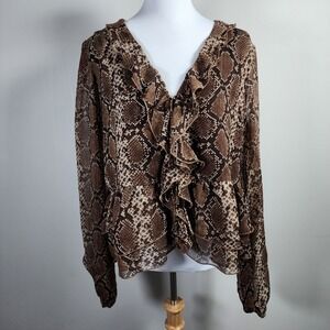 Haver Snakeskin‎ Ruffle Blouse Womens L Brown Sheer Peplum Animal Print Top Rock